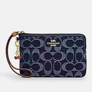 Sold ! COACH Corner Zip Wristlet In Signature Denim With Cherries - NEW